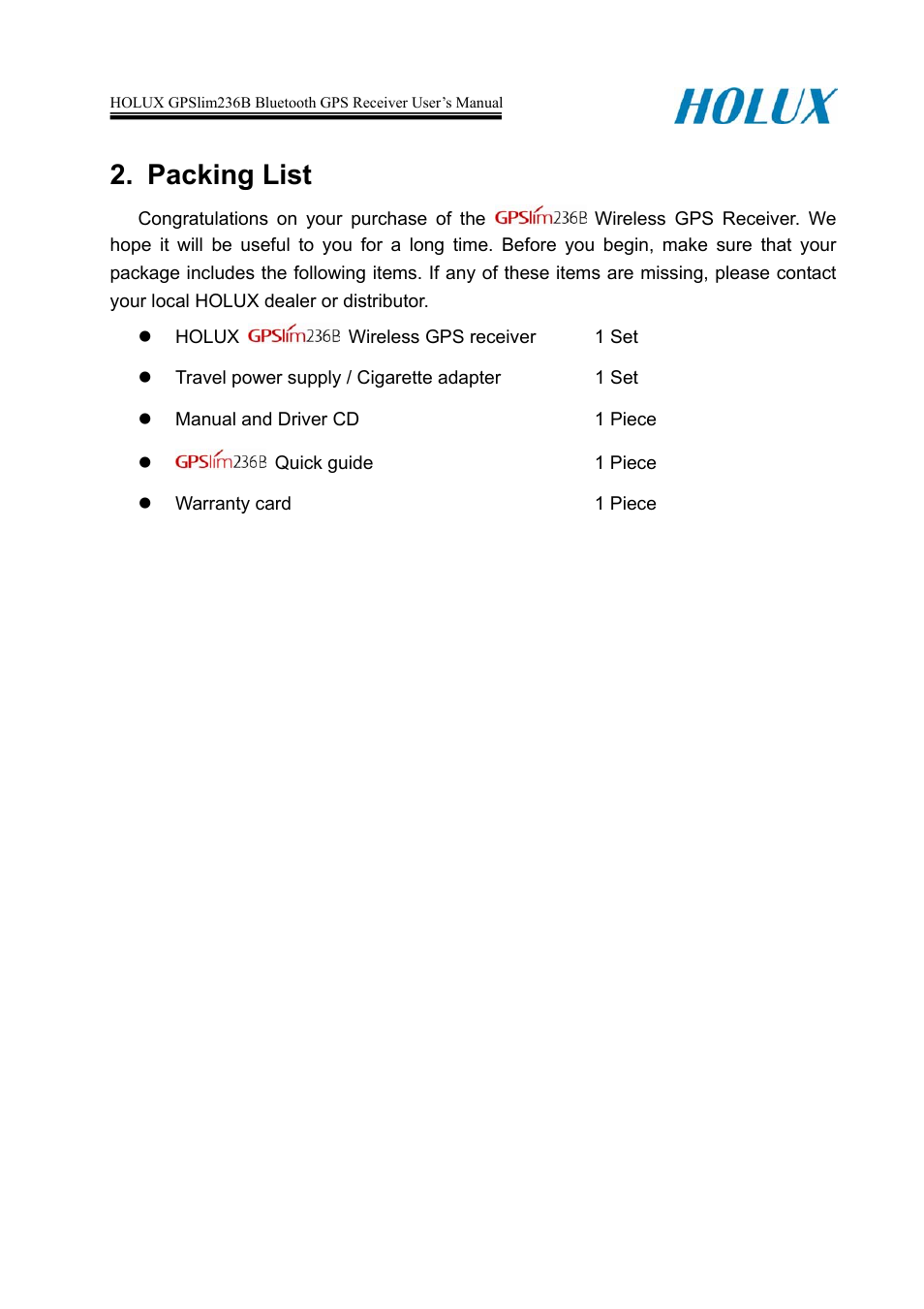 Packing list | Holux 236B User Manual | Page 5 / 19