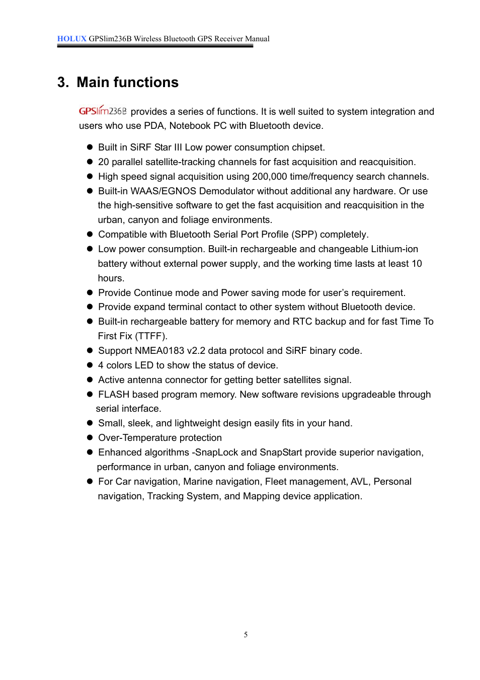 Main functions | Holux 236B User Manual | Page 6 / 19