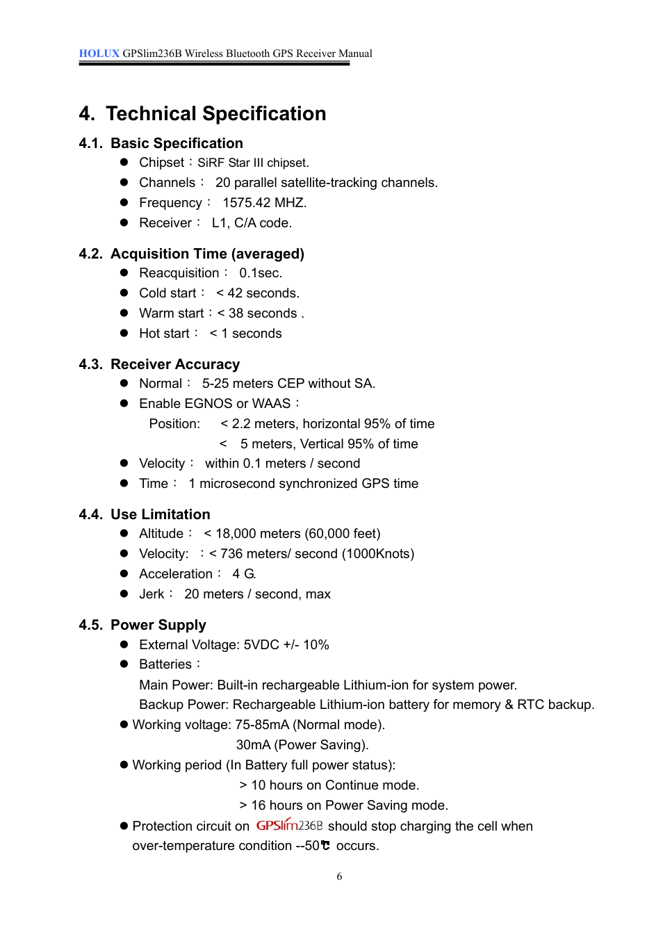 Technical specification | Holux 236B User Manual | Page 7 / 19