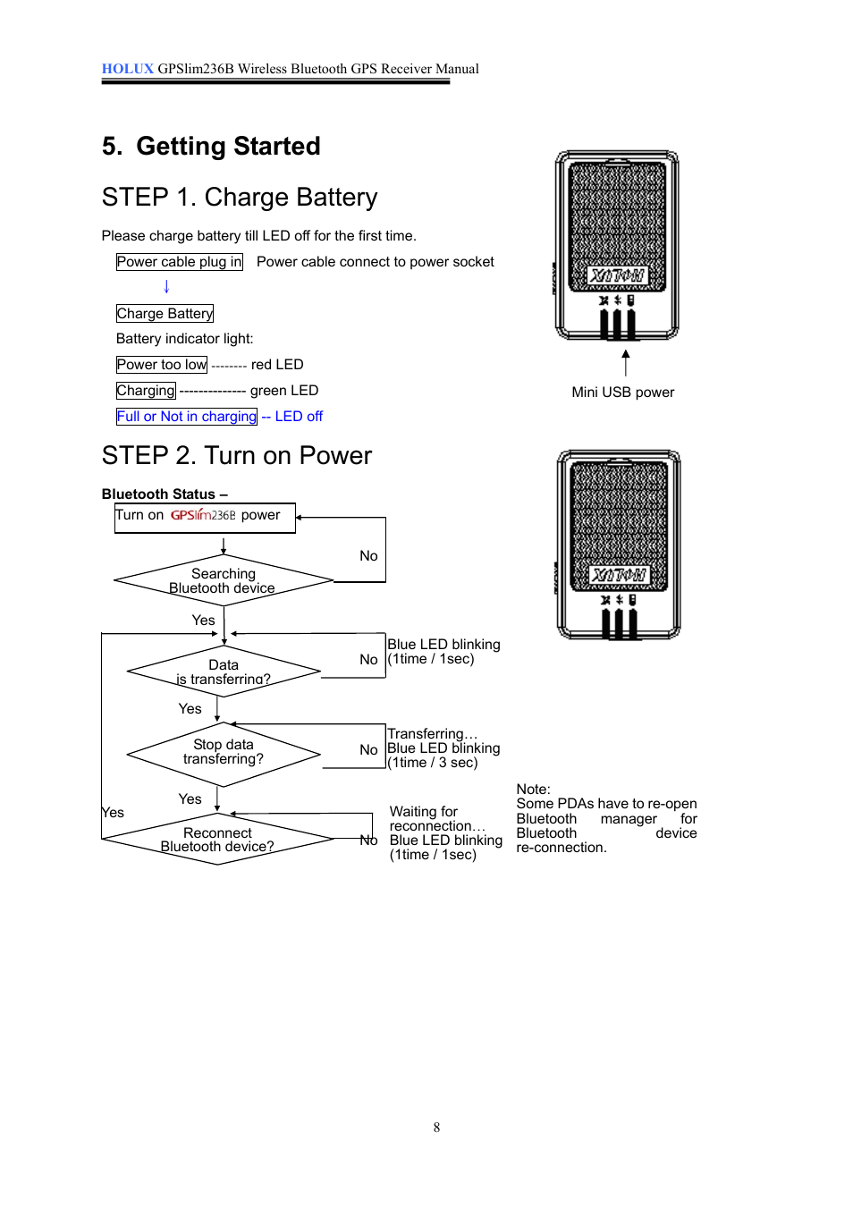 Getting started step 1. charge battery, Step 2. turn on power | Holux 236B User Manual | Page 9 / 19