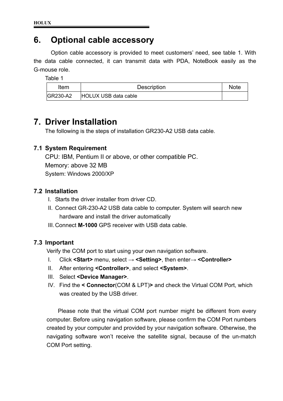 Optional cable accessory, Driver installation | Holux M-1000 User Manual | Page 16 / 20