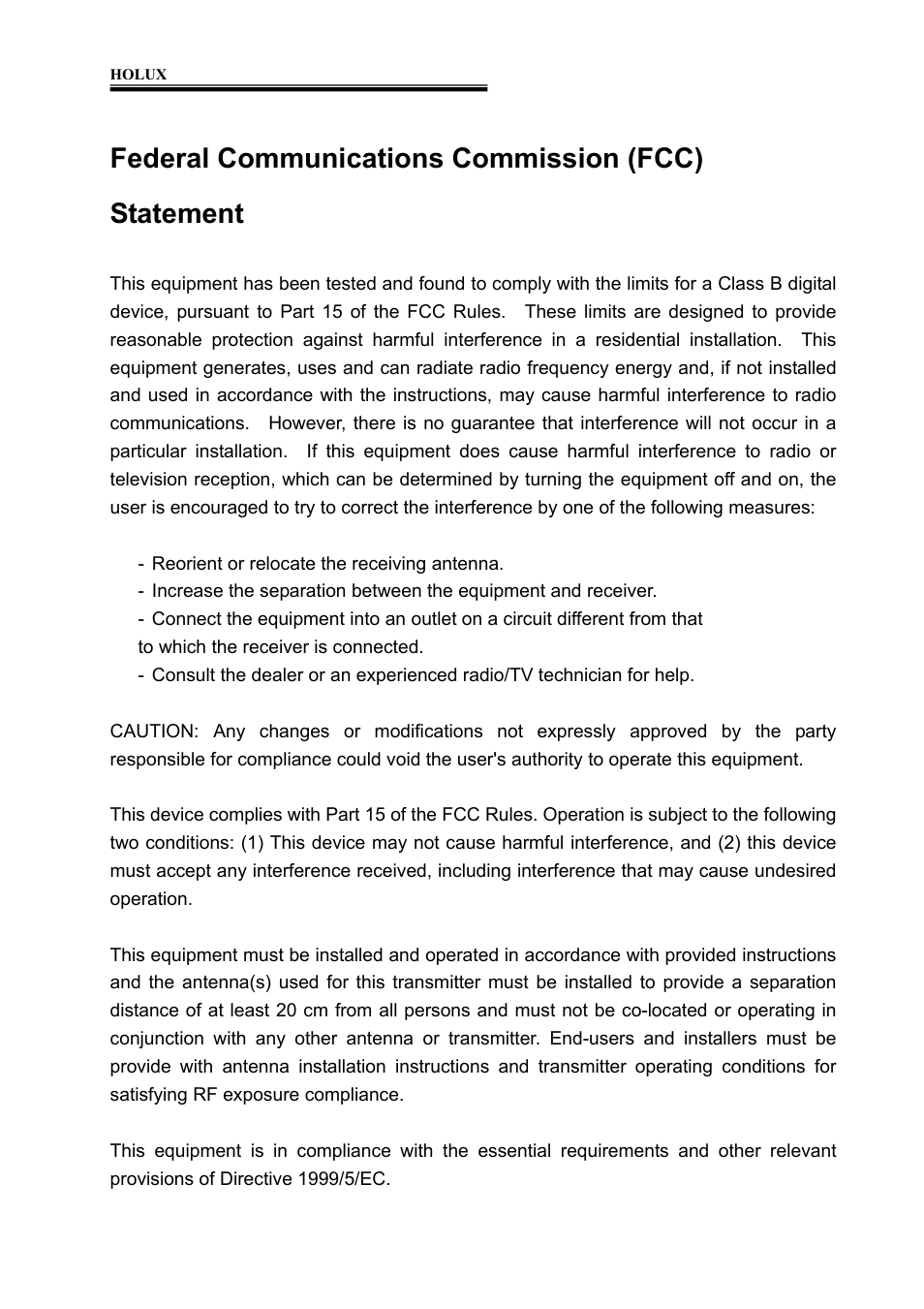 Federal communications commission (fcc) statement | Holux M-1000 User Manual | Page 19 / 20