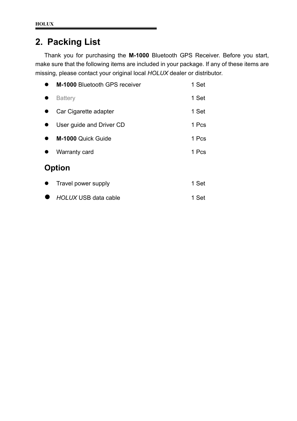 Packing list, Option | Holux M-1000 User Manual | Page 5 / 20