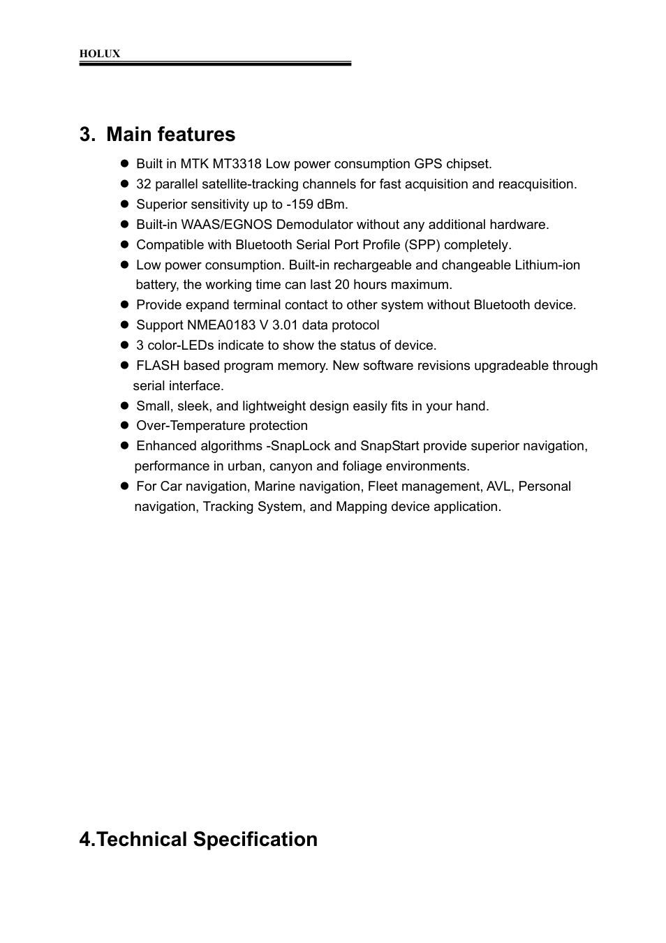 Main features, Technical specification | Holux M-1000 User Manual | Page 6 / 20