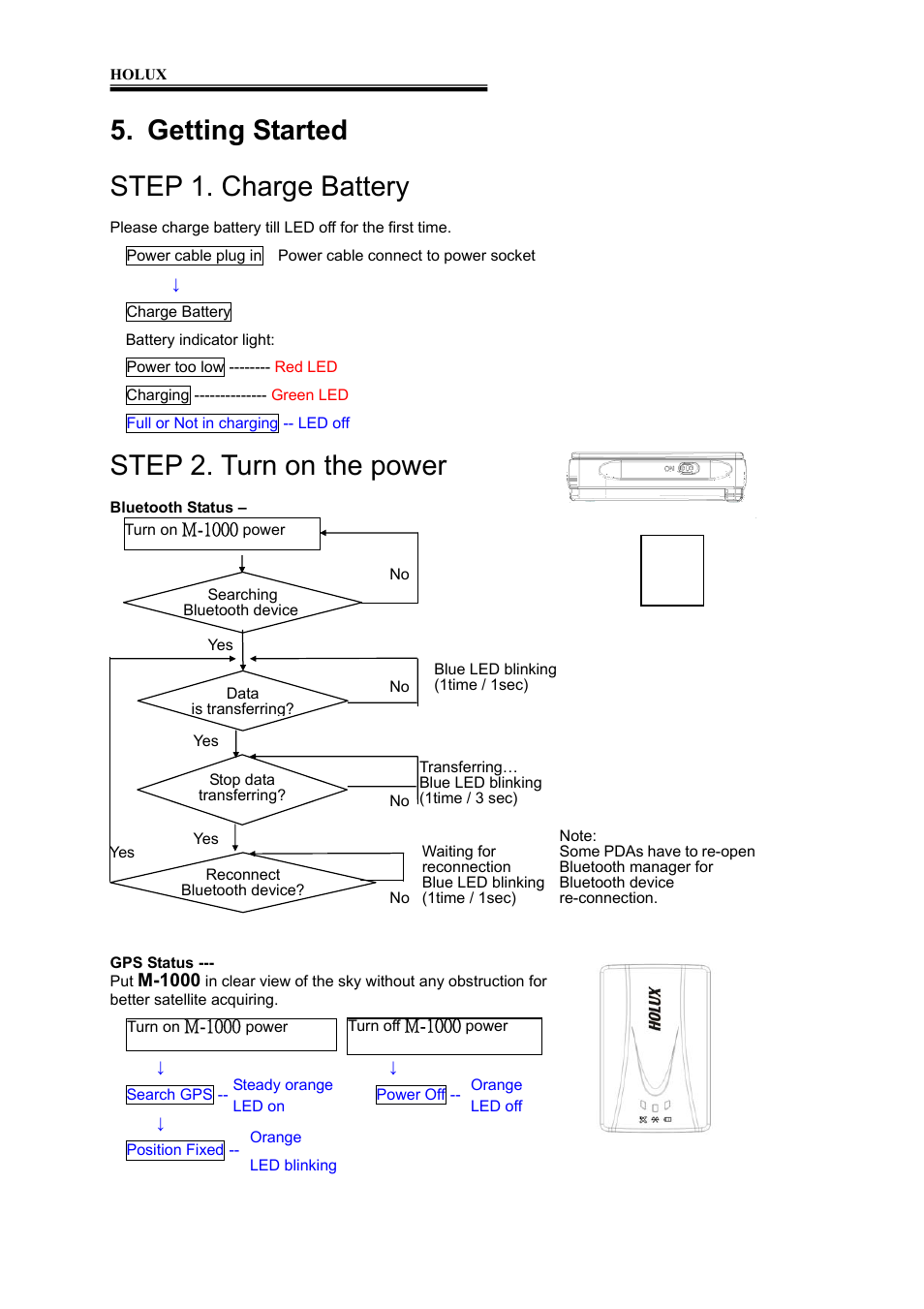 Getting started step 1. charge battery, Step 2. turn on the power | Holux M-1000 User Manual | Page 9 / 20