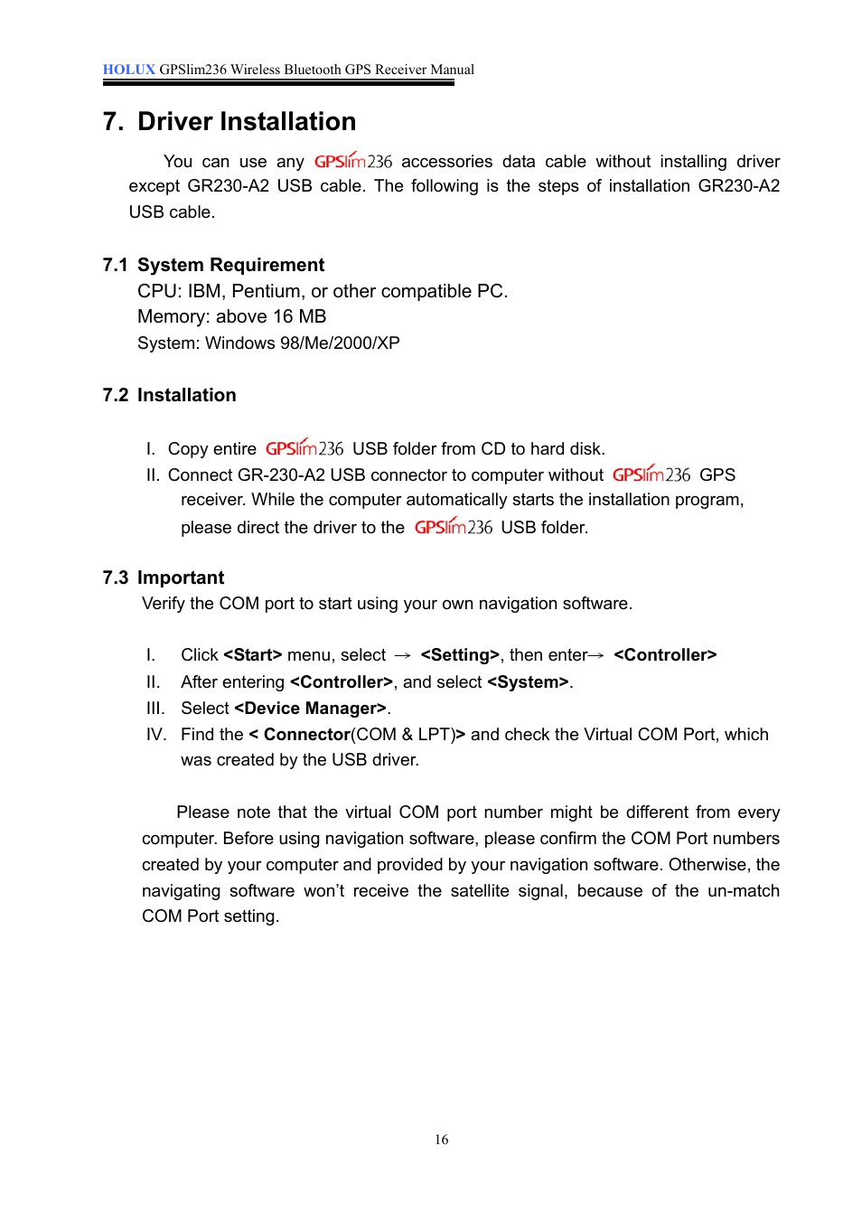 Driver installation | Holux GPSlim236 User Manual | Page 16 / 18