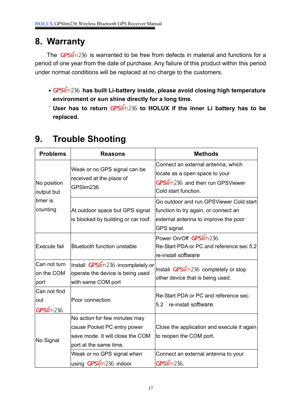 Warranty, Trouble shooting | Holux GPSlim236 User Manual | Page 17 / 18