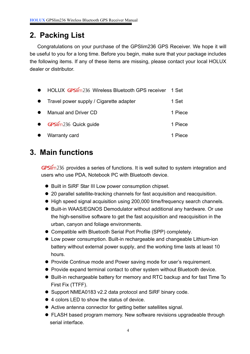 Packing list, Main functions | Holux GPSlim236 User Manual | Page 4 / 18