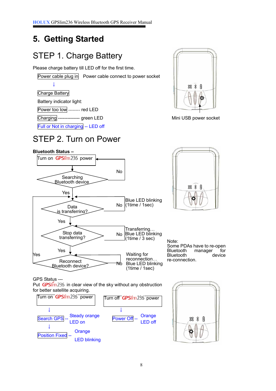 Getting started step 1. charge battery, Step 2. turn on power | Holux GPSlim236 User Manual | Page 8 / 18