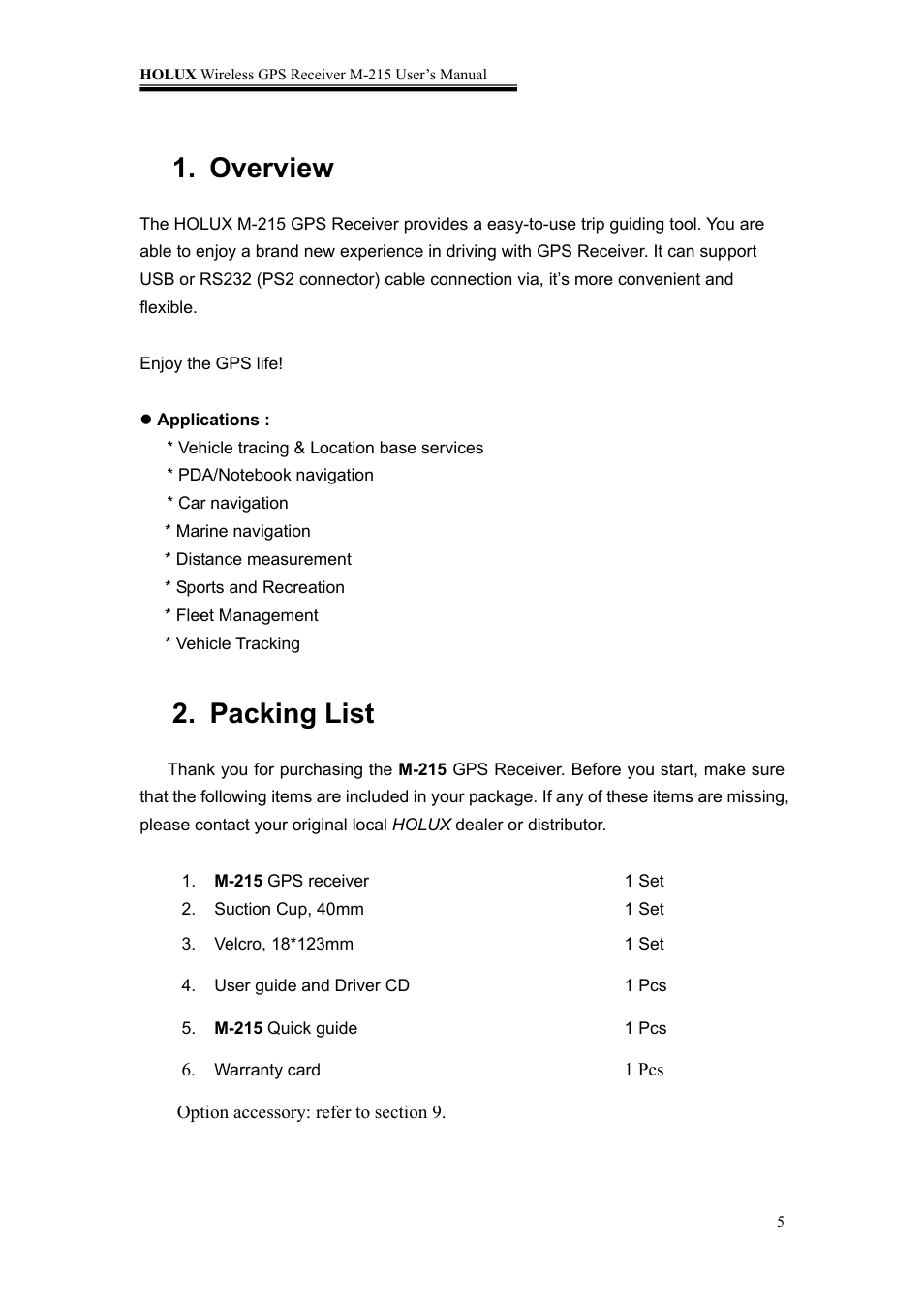 Overview, Packing list | Holux M-215 User Manual | Page 5 / 18