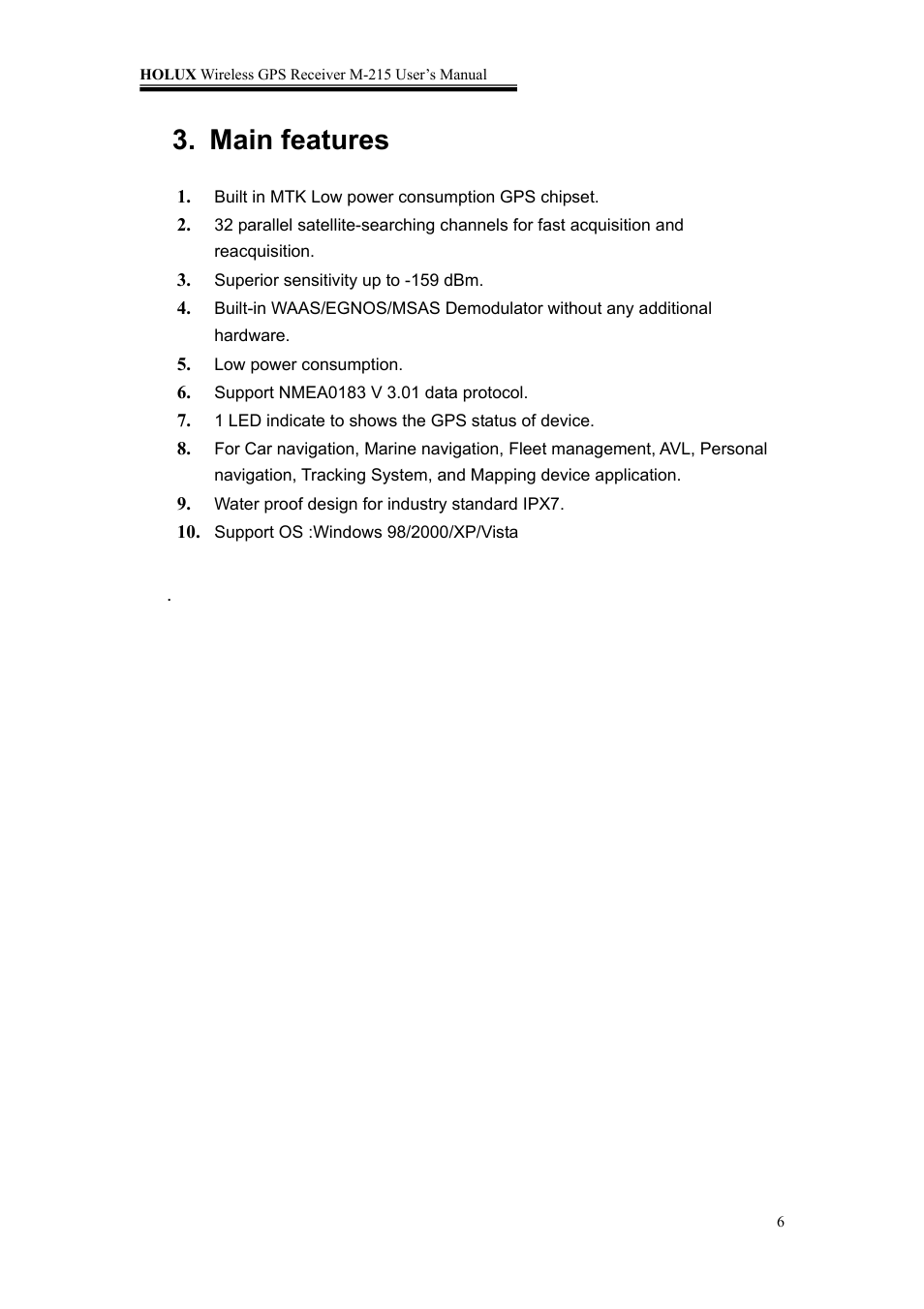 Main features | Holux M-215 User Manual | Page 6 / 18