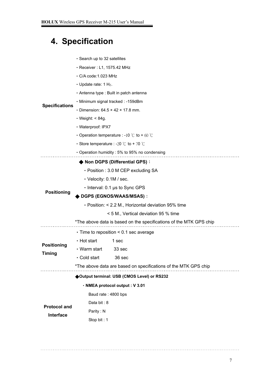 Specification | Holux M-215 User Manual | Page 7 / 18