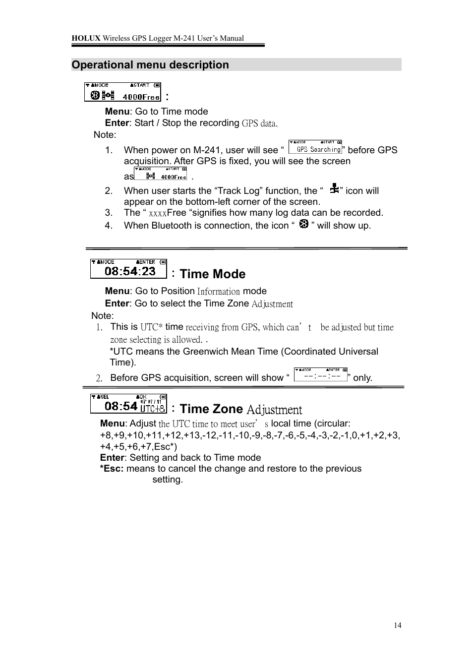 Time mode, Time zone adjustment | Holux M-241 User Manual | Page 14 / 39