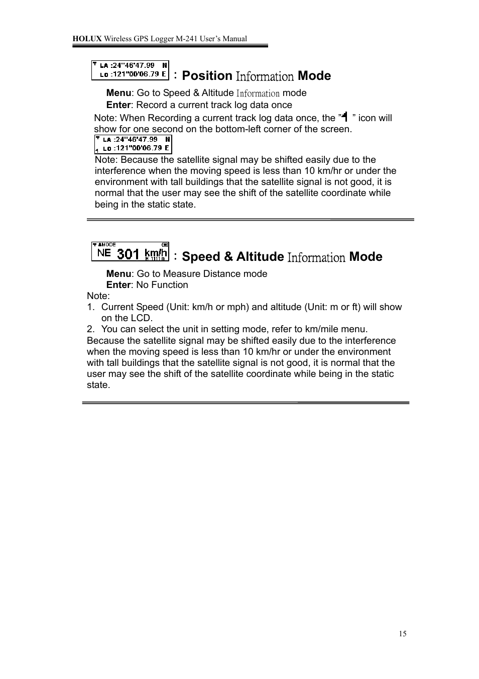Position information mode, Speed & altitude information mode | Holux M-241 User Manual | Page 15 / 39