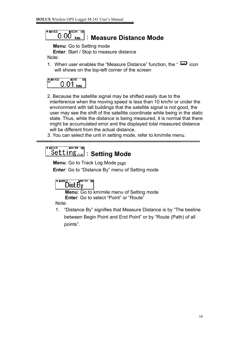 Measure distance mode, Setting mode | Holux M-241 User Manual | Page 16 / 39