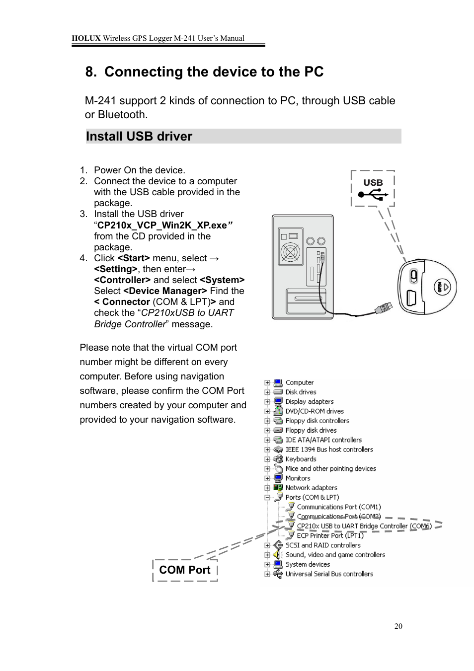 Connecting the device to the pc, Install usb driver | Holux M-241 User Manual | Page 20 / 39