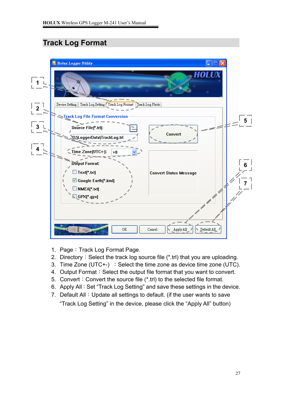 Track log format | Holux M-241 User Manual | Page 27 / 39