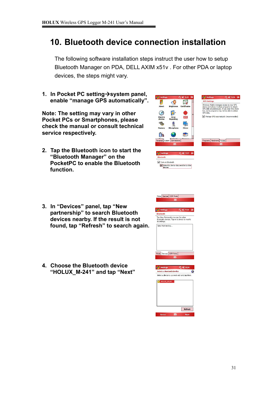 Bluetooth device connection installation | Holux M-241 User Manual | Page 31 / 39