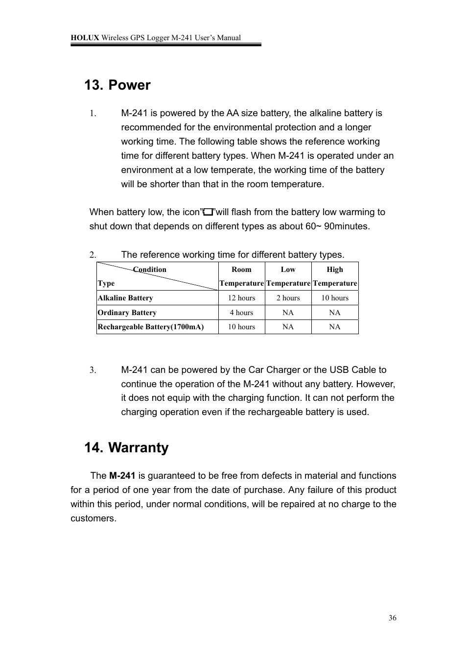 Power, Warranty | Holux M-241 User Manual | Page 36 / 39