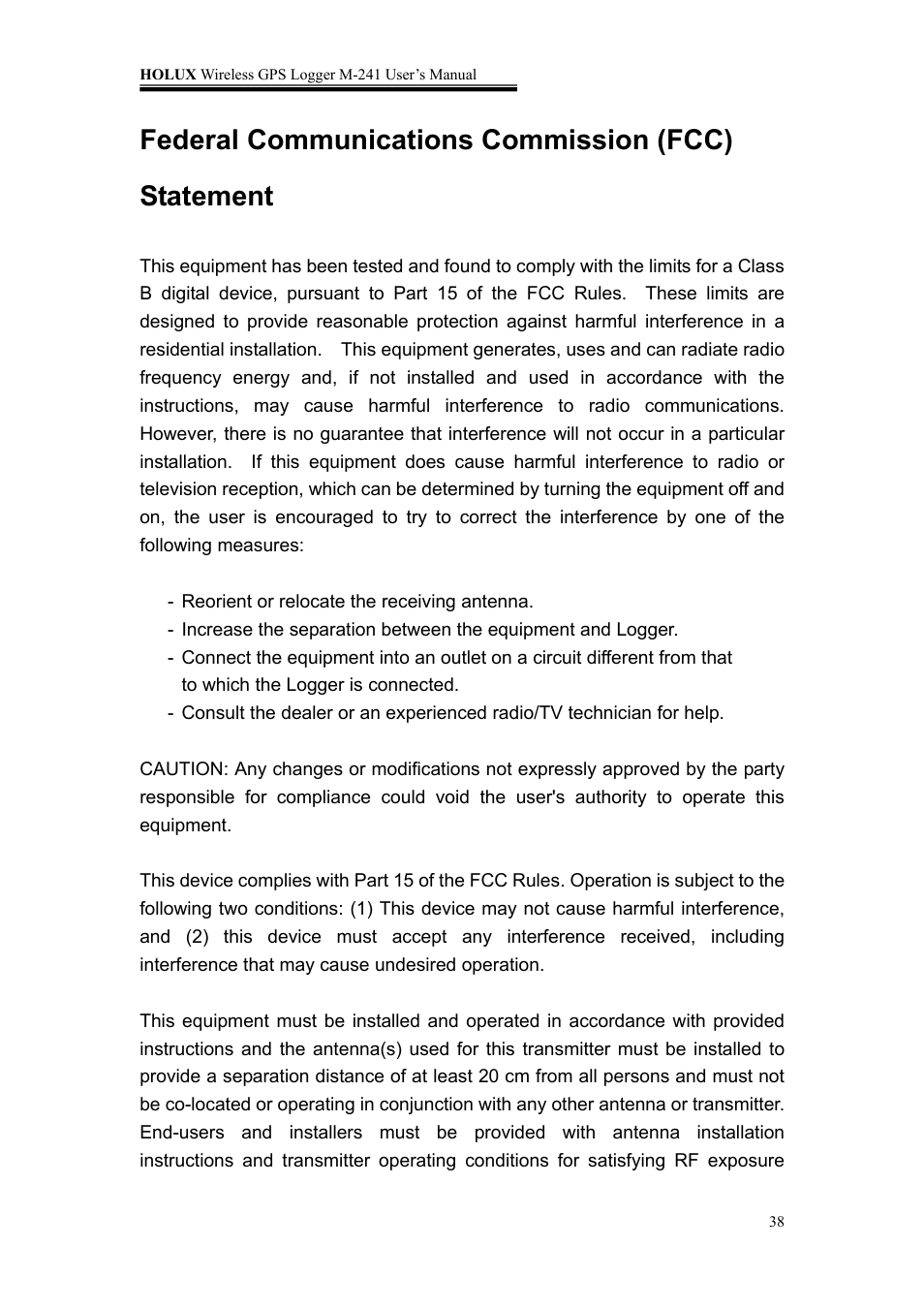 Federal communications commission (fcc) statement | Holux M-241 User Manual | Page 38 / 39