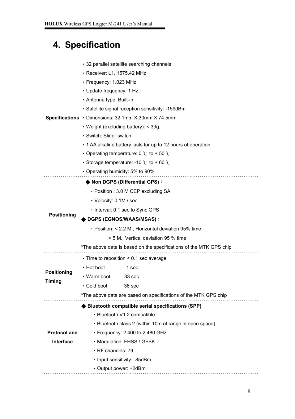 Specification | Holux M-241 User Manual | Page 8 / 39