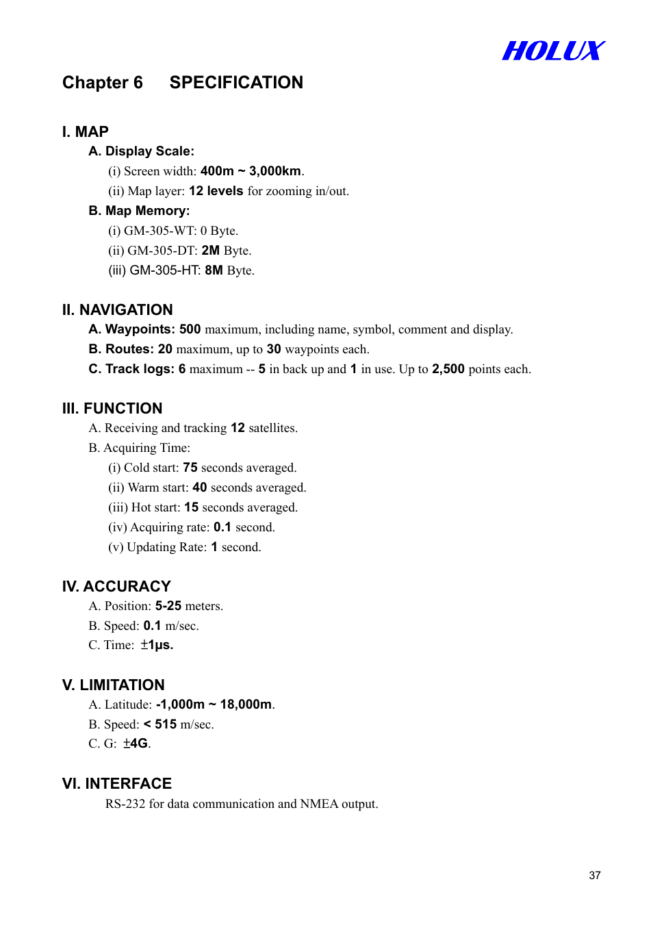 Chapter 6 specification | Holux GM-305 User Manual | Page 37 / 48