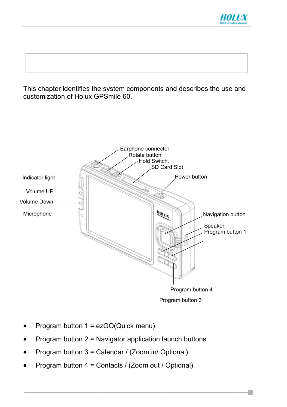 Basic skills, System overview, Chapter 2 | Main unit (front view) | Holux GPSmile Pocket PC User Manual | Page 16 / 50