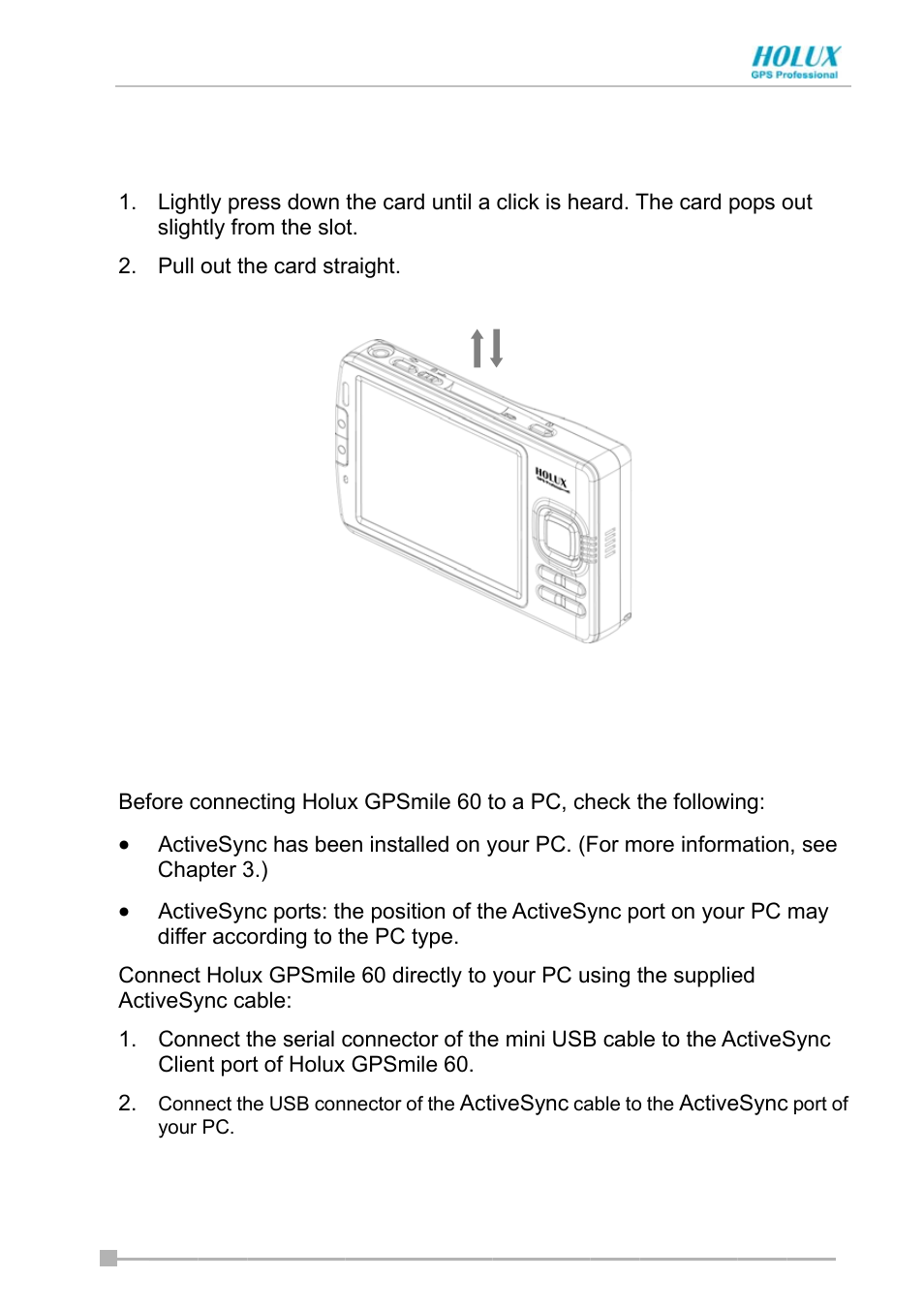 Removing a sd card, Connecting to a pc | Holux GPSmile Pocket PC User Manual | Page 25 / 50