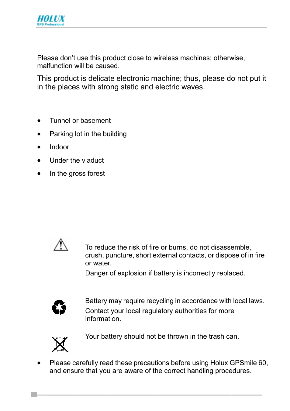 Gps usage precautions, Safety precautions for battery | Holux GPSmile Pocket PC User Manual | Page 5 / 50