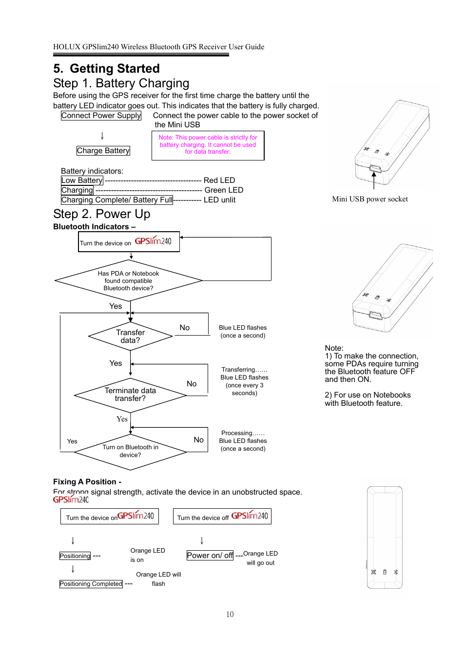 Getting started step 1. battery charging, Step 2. power up | Holux GPSlim 240 User Manual | Page 10 / 25