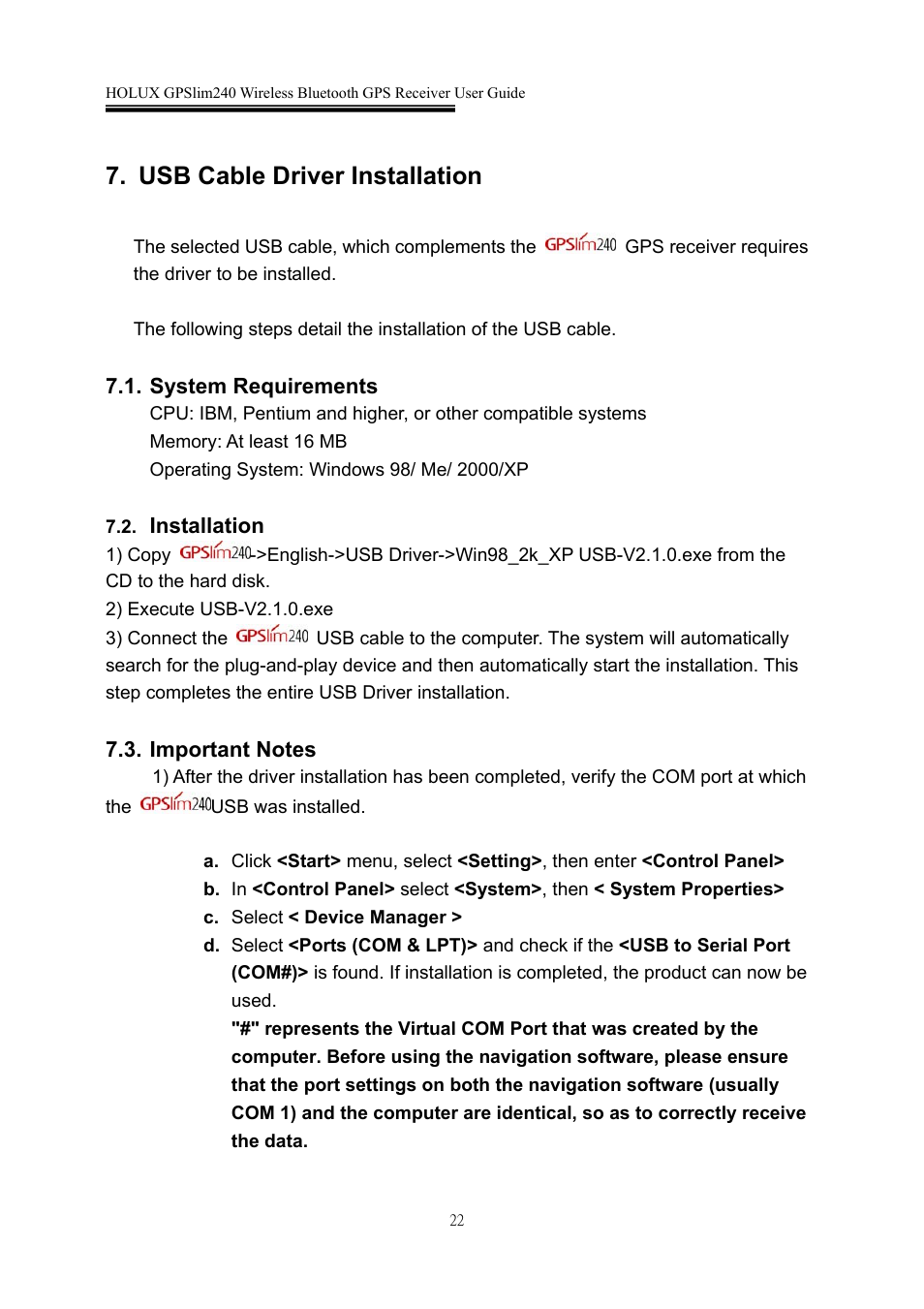 Usb cable driver installation | Holux GPSlim 240 User Manual | Page 22 / 25