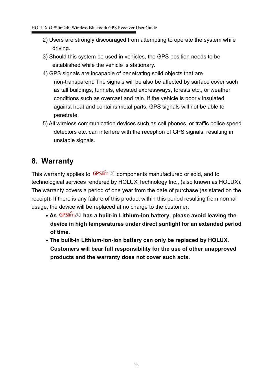 Warranty | Holux GPSlim 240 User Manual | Page 23 / 25