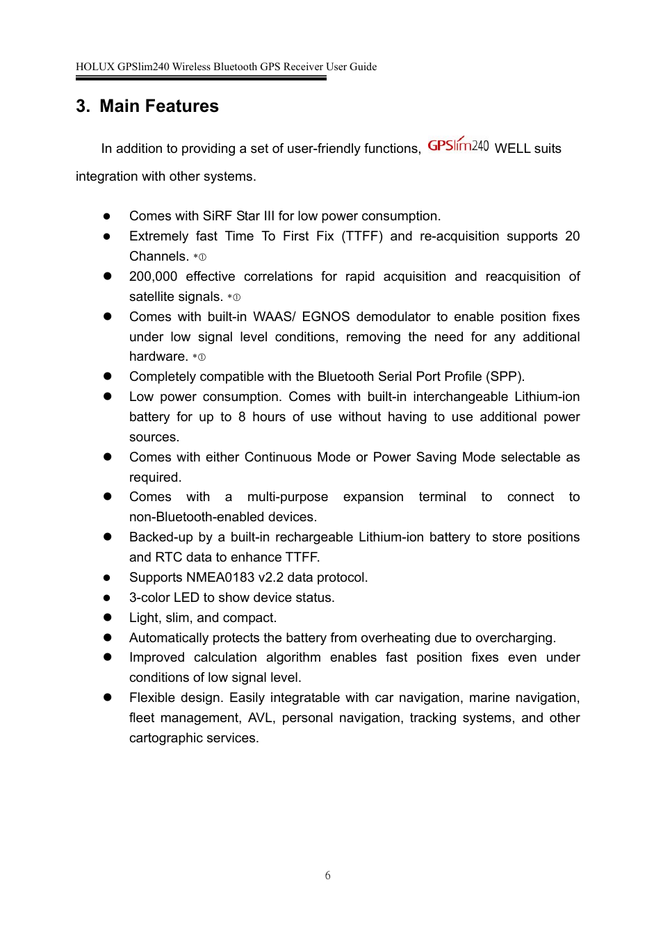 Main features | Holux GPSlim 240 User Manual | Page 6 / 25