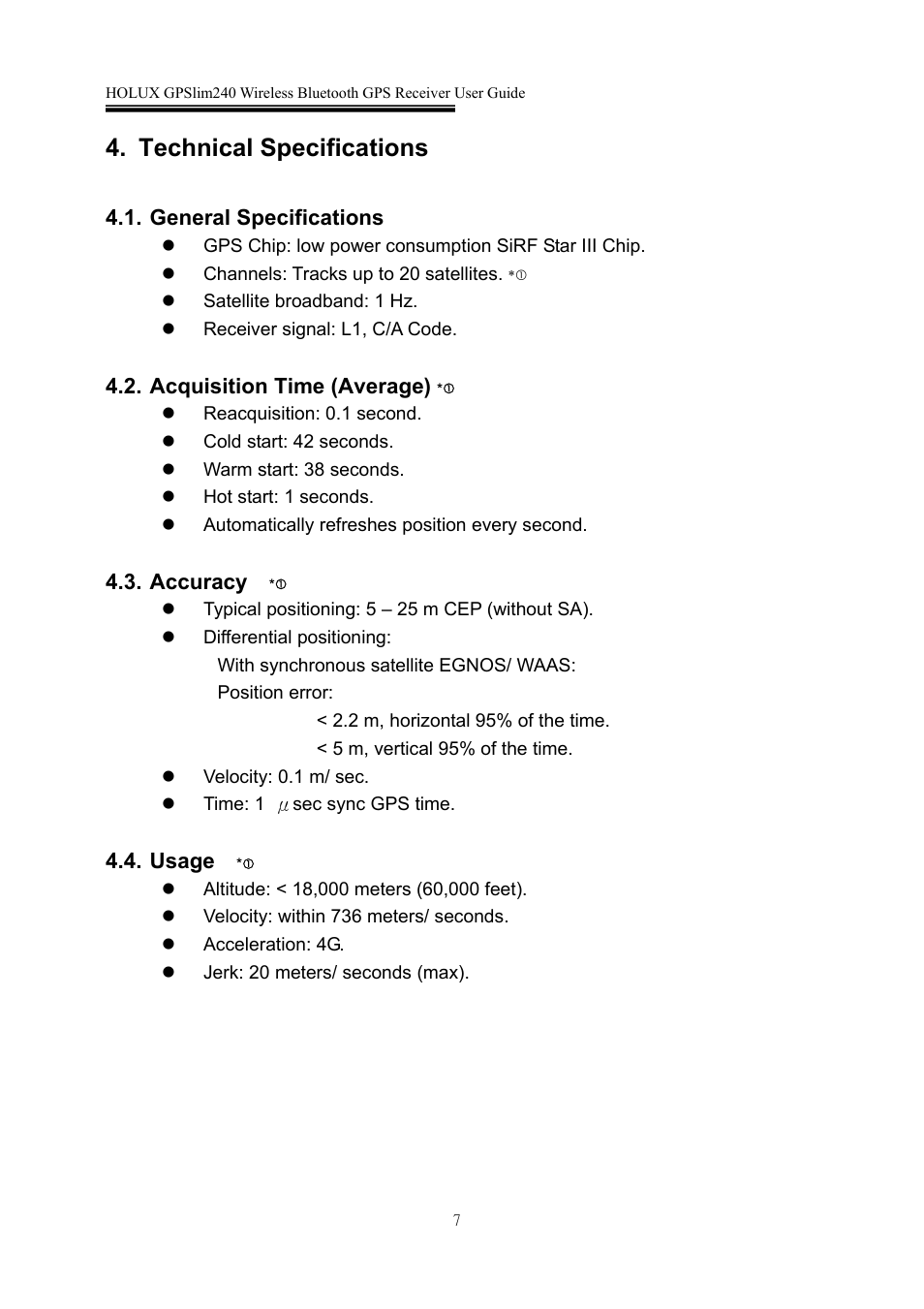 Technical specifications | Holux GPSlim 240 User Manual | Page 7 / 25