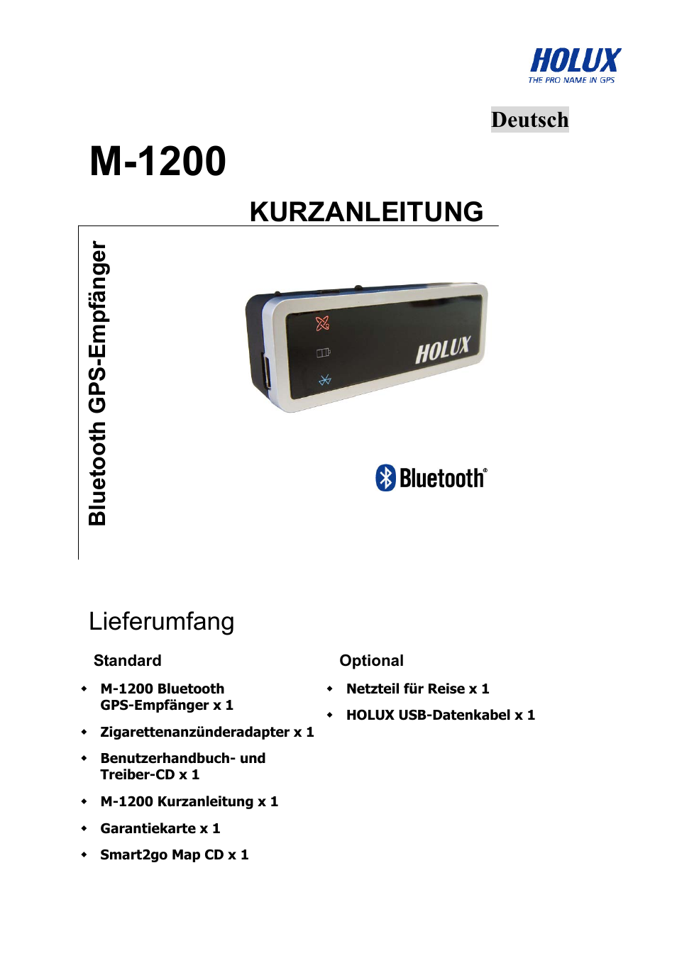 M-1200, Kurzanleitung, Lieferumfang | Deutsch bluetooth gps-emp fänger | Holux M-1200 User Manual | Page 10 / 28