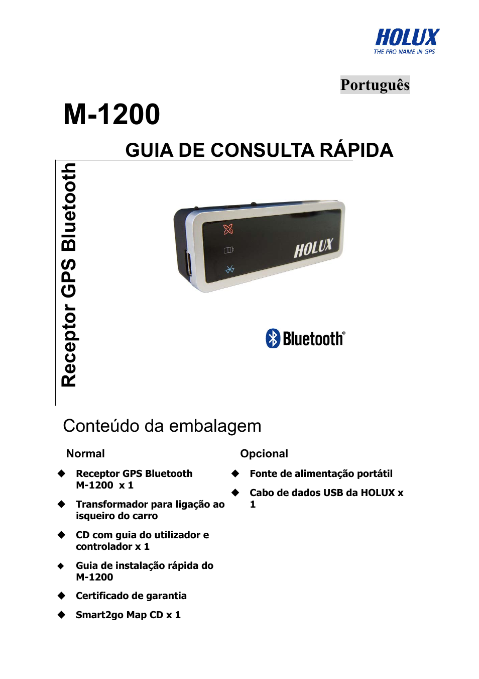 M-1200, Guia de consulta rápida, Receptor gps bluetooth | Conteúdo da embalagem, Português | Holux M-1200 User Manual | Page 16 / 28