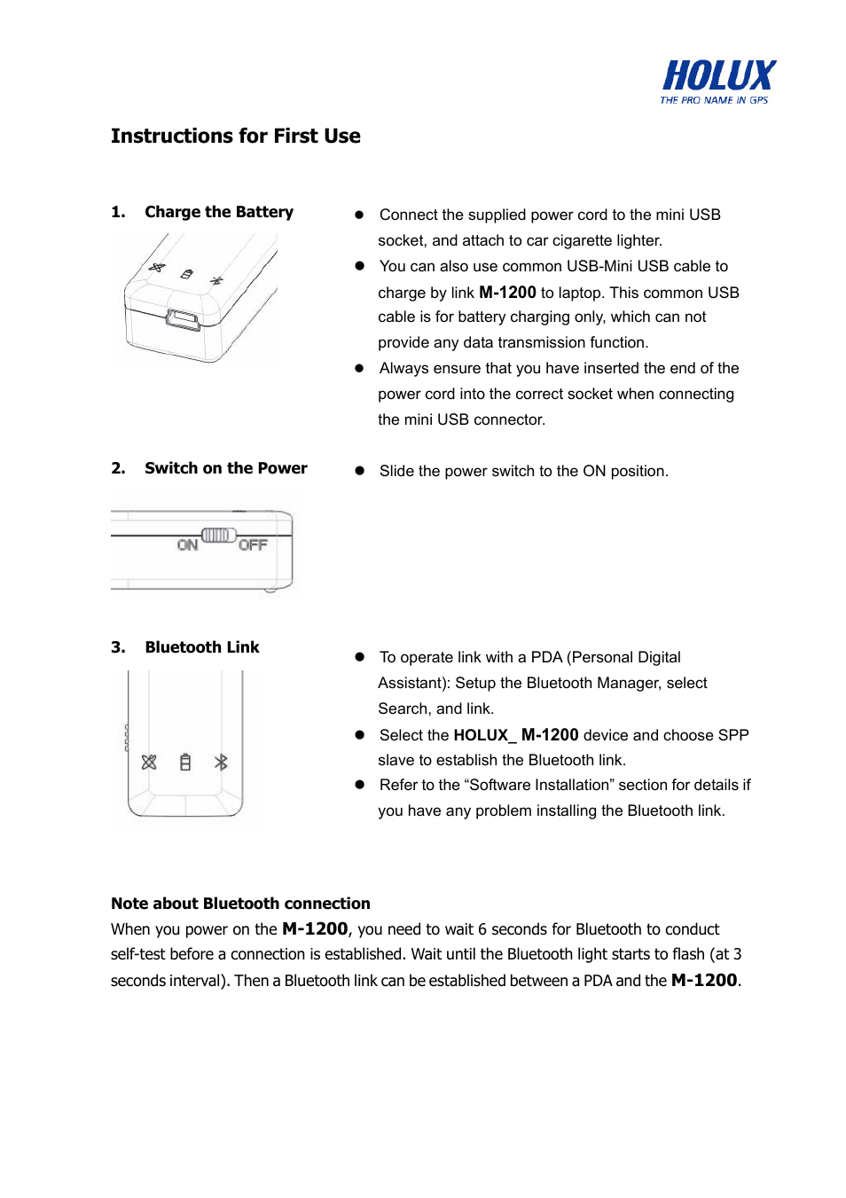Instructions for first use | Holux M-1200 User Manual | Page 2 / 28