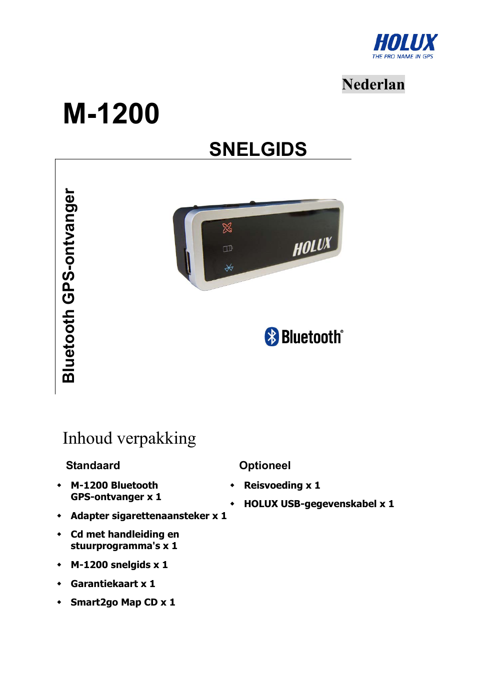 M-1200, Snelgids, Inhoud verpakking | Nederlan bluetooth gps-ontvanger | Holux M-1200 User Manual | Page 4 / 28