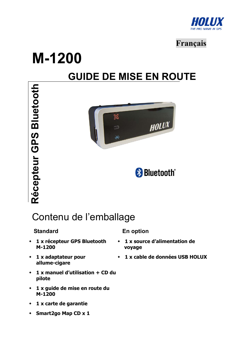 M-1200, Guide de mise en route, Contenu de l’emballage | Récepteur gps bluetooth, Français | Holux M-1200 User Manual | Page 7 / 28