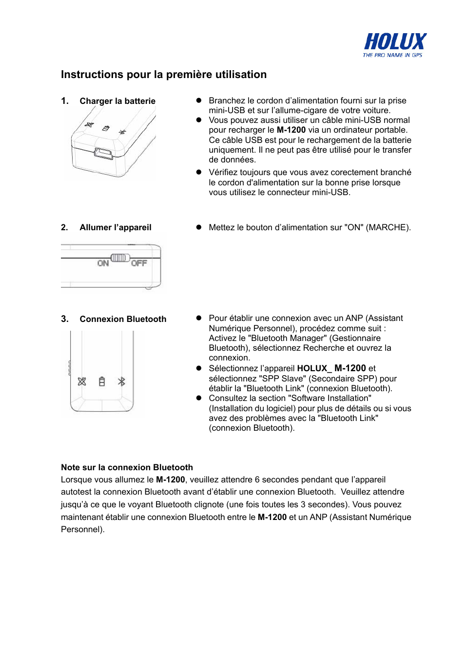 Instructions pour la première utilisation | Holux M-1200 User Manual | Page 8 / 28