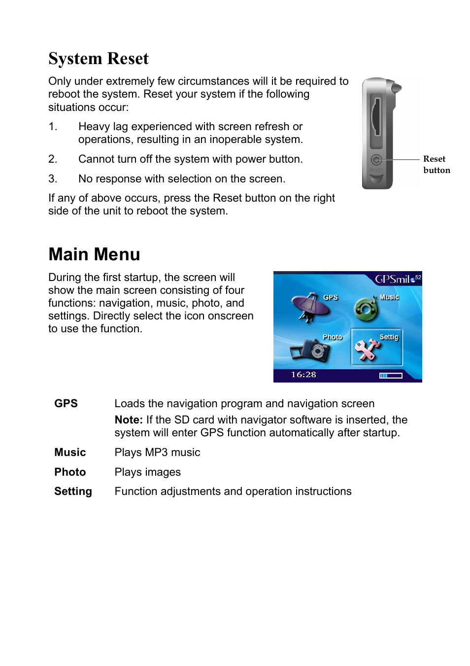 System reset, Main menu | Holux GPSmile 52 User Manual | Page 7 / 7