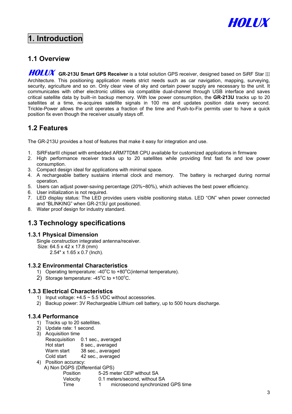 Introduction, 1 overview, 2 features | 3 technology specifications | Holux GR-213U User Manual | Page 3 / 10