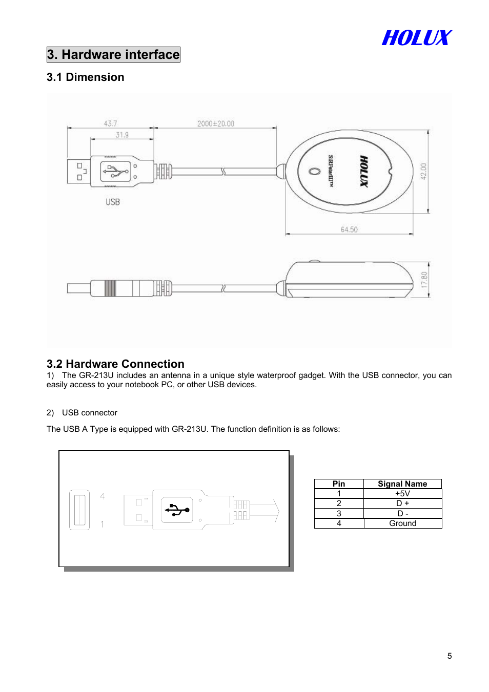 Hardware interface, 1 dimension, 2 hardware connection | Holux GR-213U User Manual | Page 5 / 10