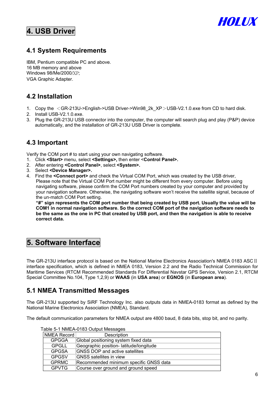 Usb driver, Software interface, 1 system requirements | 2 installation, 3 important, 1 nmea transmitted messages | Holux GR-213U User Manual | Page 6 / 10