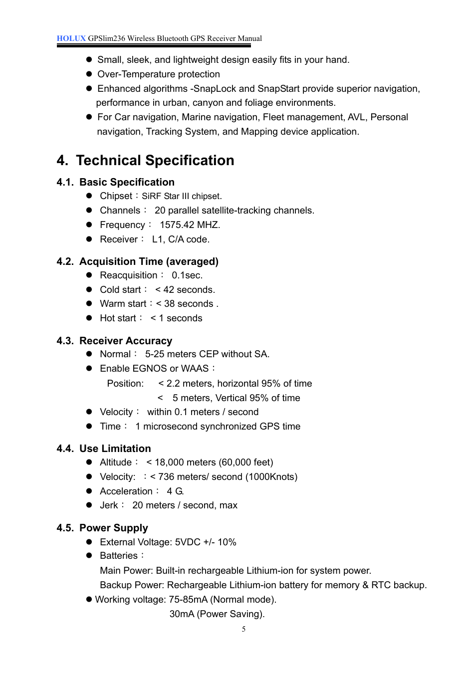 Technical specification | Holux 236 User Manual | Page 5 / 18