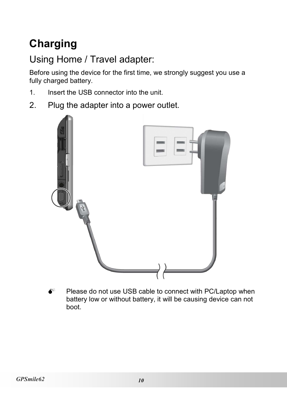 Charging, Using home / travel adapter | Holux NAV SLIM GPSMILE62 User Manual | Page 16 / 53