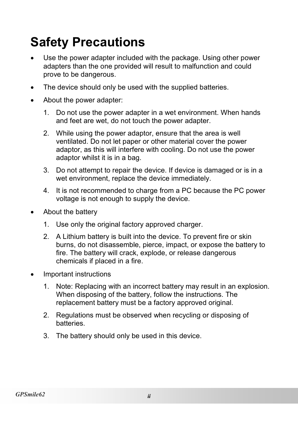 Safety precautions | Holux NAV SLIM GPSMILE62 User Manual | Page 2 / 53