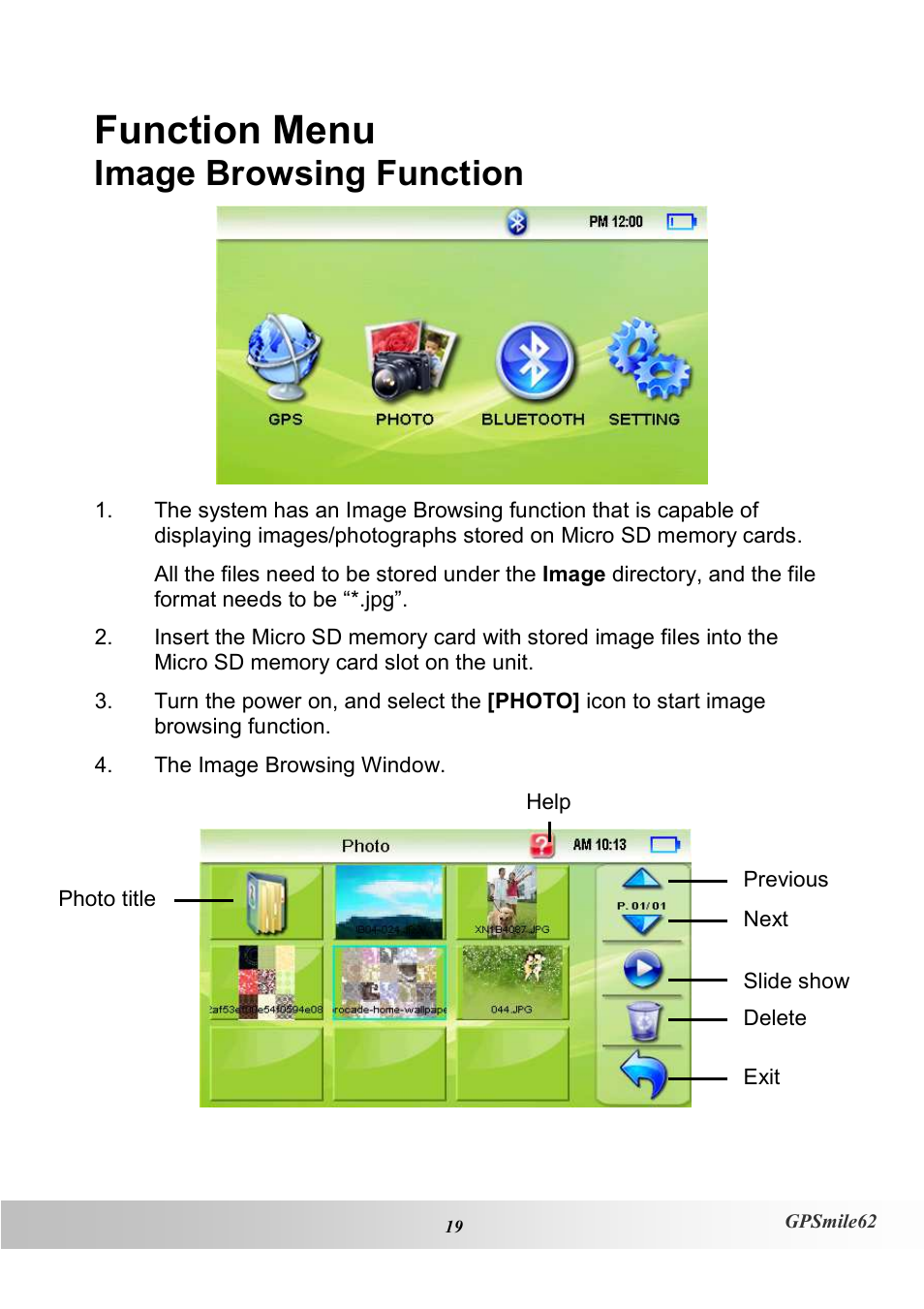Function menu, Image browsing function | Holux NAV SLIM GPSMILE62 User Manual | Page 25 / 53