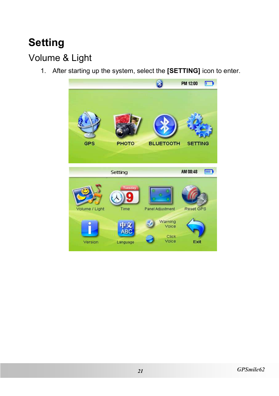 Setting, Volume & light | Holux NAV SLIM GPSMILE62 User Manual | Page 27 / 53