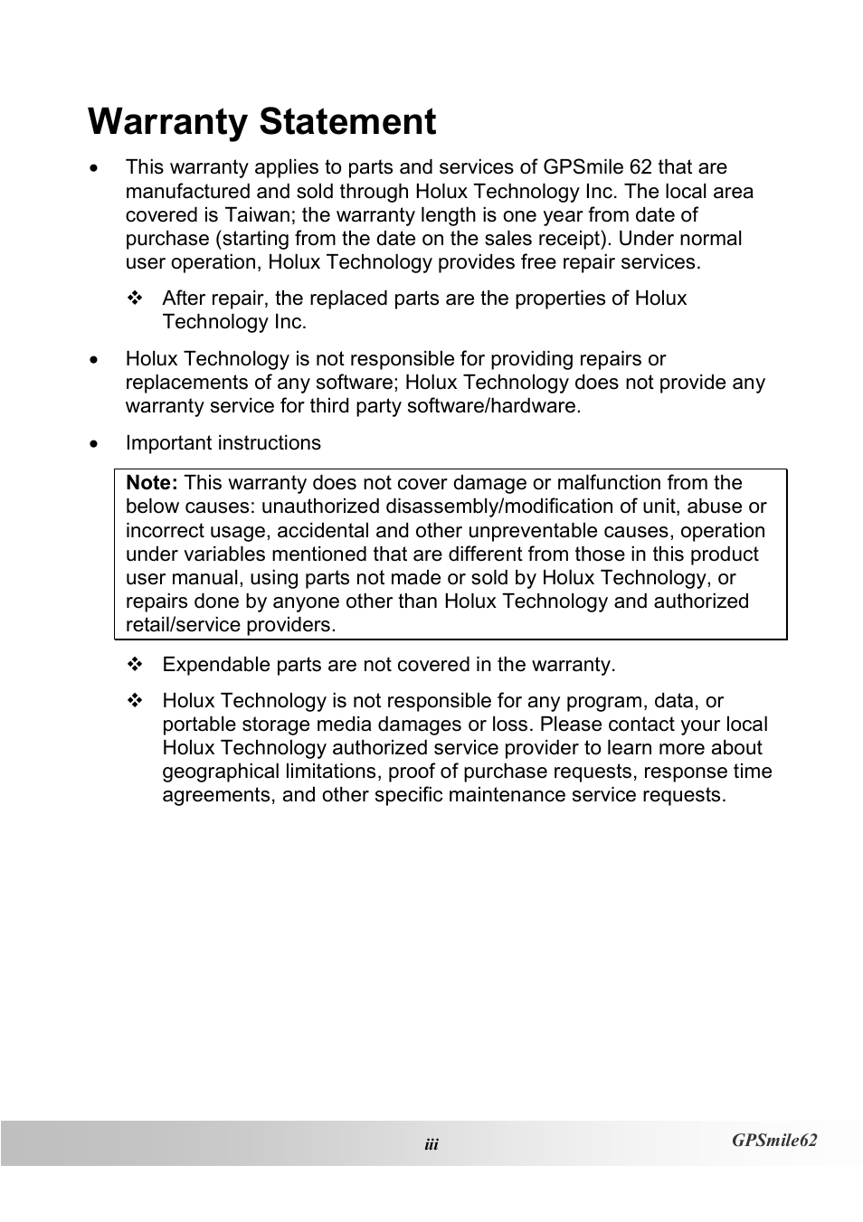 Warranty statement | Holux NAV SLIM GPSMILE62 User Manual | Page 3 / 53